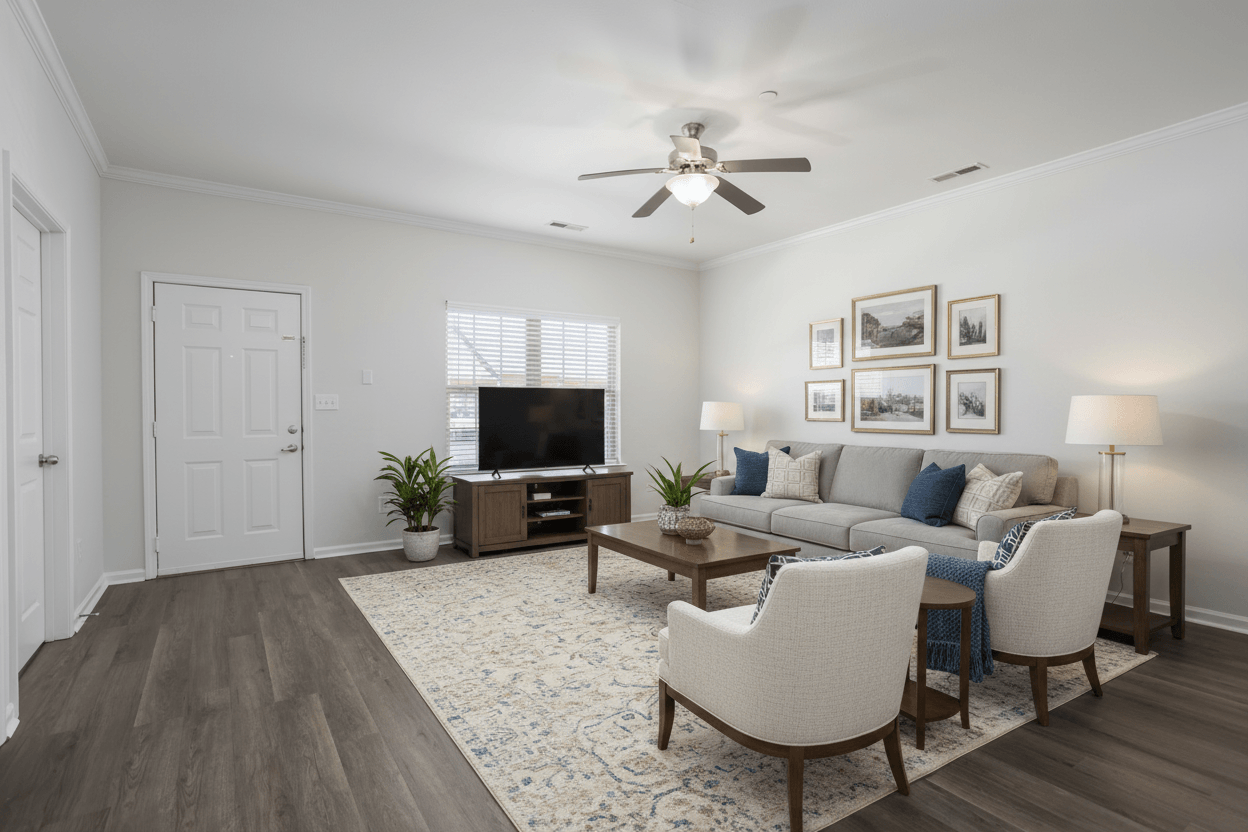 A living room with a white couch, a wooden coffee table, and a television.